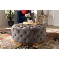 Baxton Studio TSF-6689-Grey/Gold-Otto Sasha Glam and Luxe Grey Velvet Fabric Upholstered Gold Finished Round Cocktail Ottoman